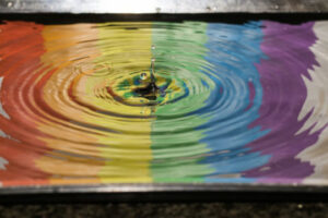 Decorative image of rainbow flag reflected in water