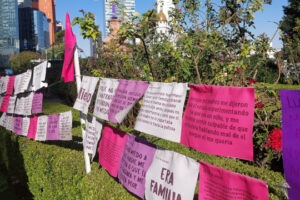 Protest slogans hung up on a line