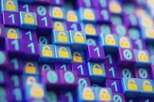 Decorative photo of lock signs, zeros and ones.