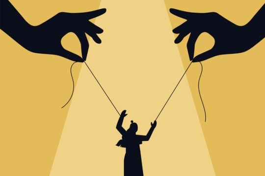 Concept of manipulation. Two hands control woman on rope, deceit and pretense. Metaphor for using person, subordinate. Abstract poster or banner for website. Cartoon flat vector illustration